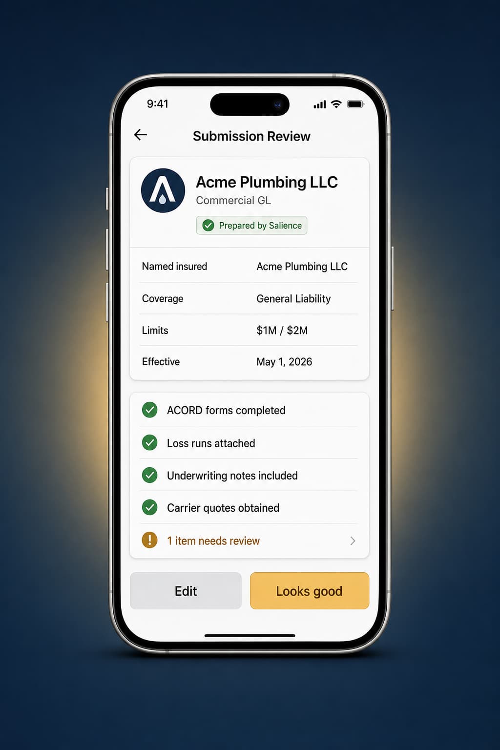 A phone showing a prepared submission review for Acme Plumbing LLC with a Looks good button
