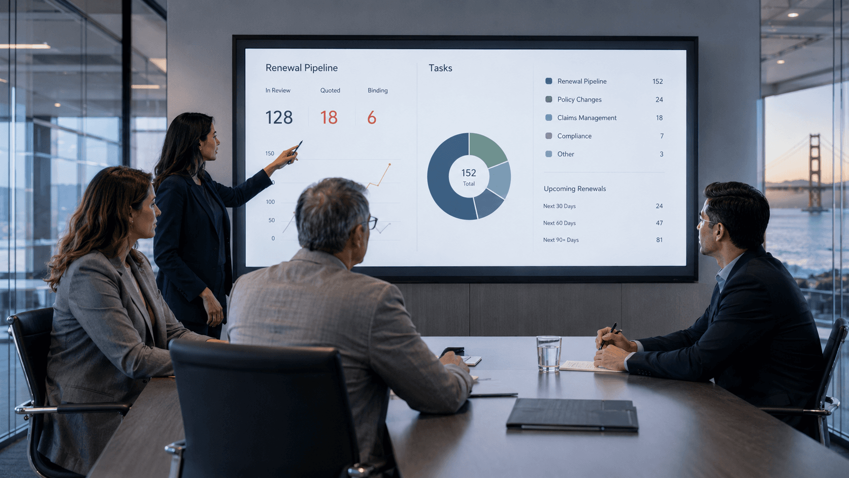Insurance team reviewing renewal pipeline dashboard