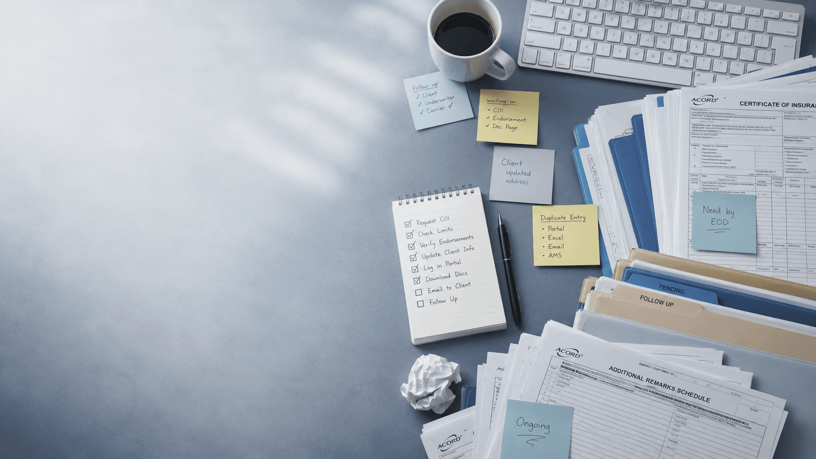 Cluttered desk with paperwork, sticky notes, and coffee — the real cost of administrative work