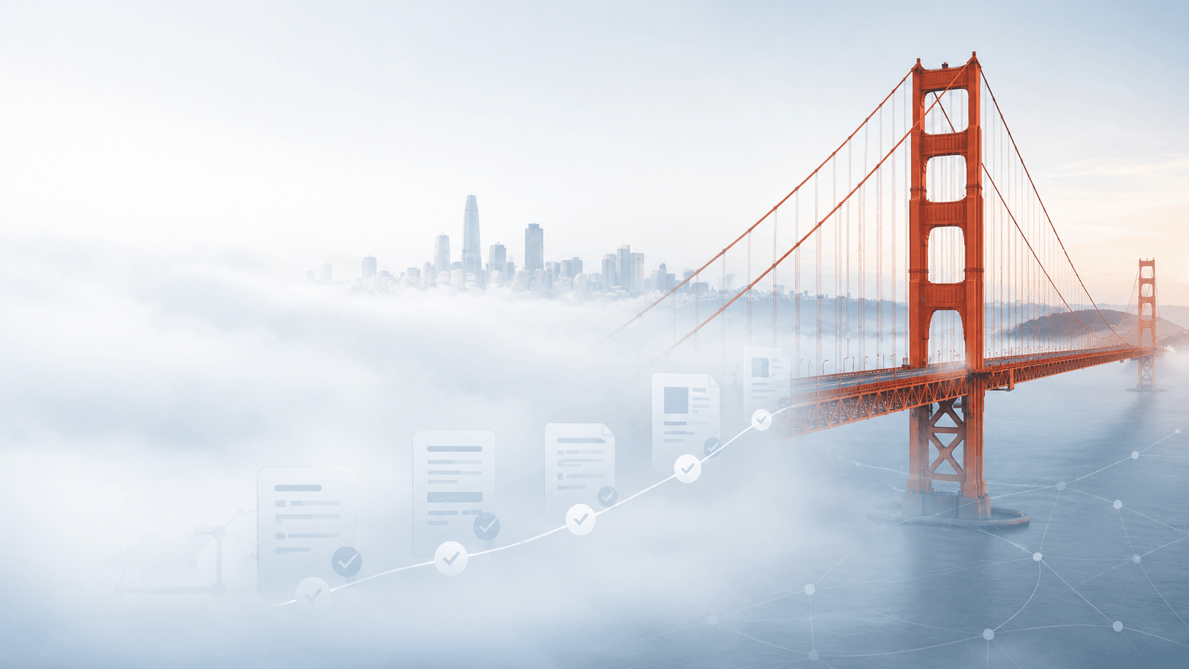 Golden Gate Bridge in fog with documents bridging across — Salience Solutions