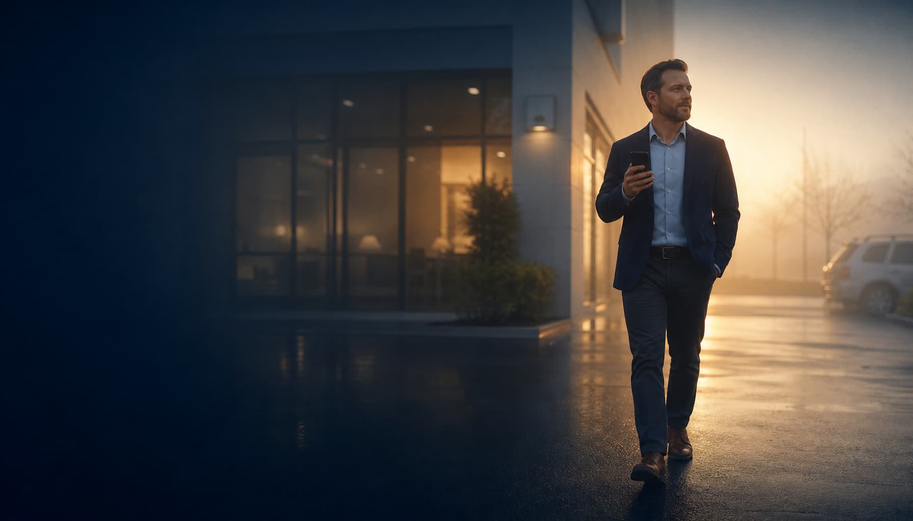 A producer leaving the office at golden hour, the day's paperwork already done